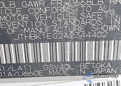 2010 Lexus Es 350 from USA, damaged, VIN JTHBK1EG2A2344402